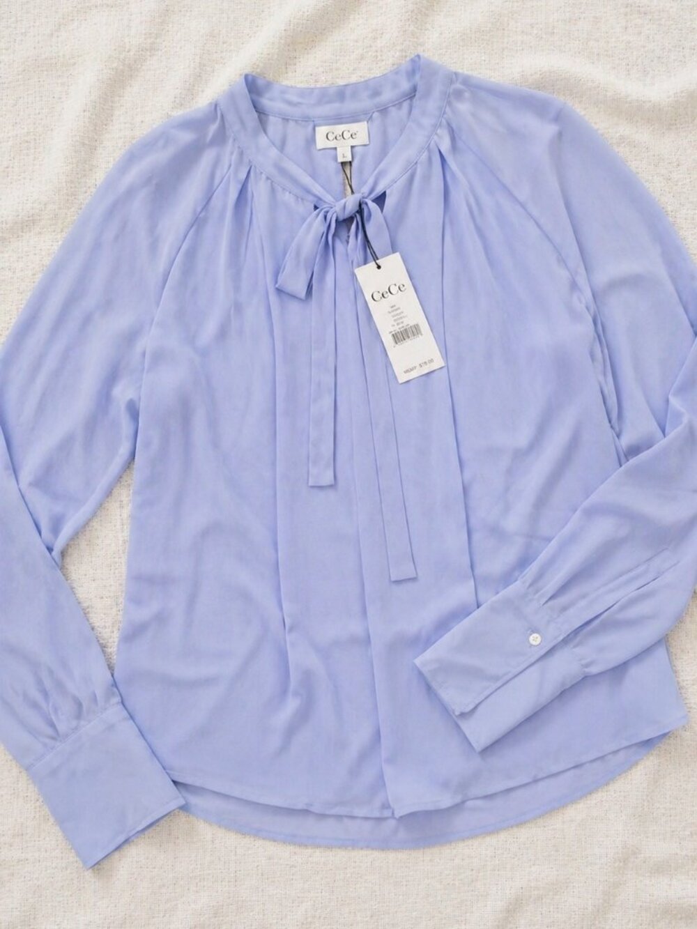 CeCe Pleated Tie Neck Blouse Slate Blue L NWT Career Office Top - Picture 4 of 7
